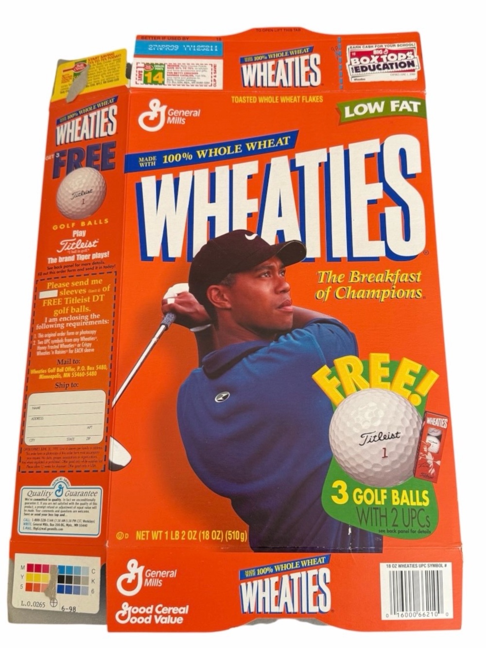 General Mills Wheaties Tiger Woods Flattened Cereal Box 1998 Series 33 Titleist